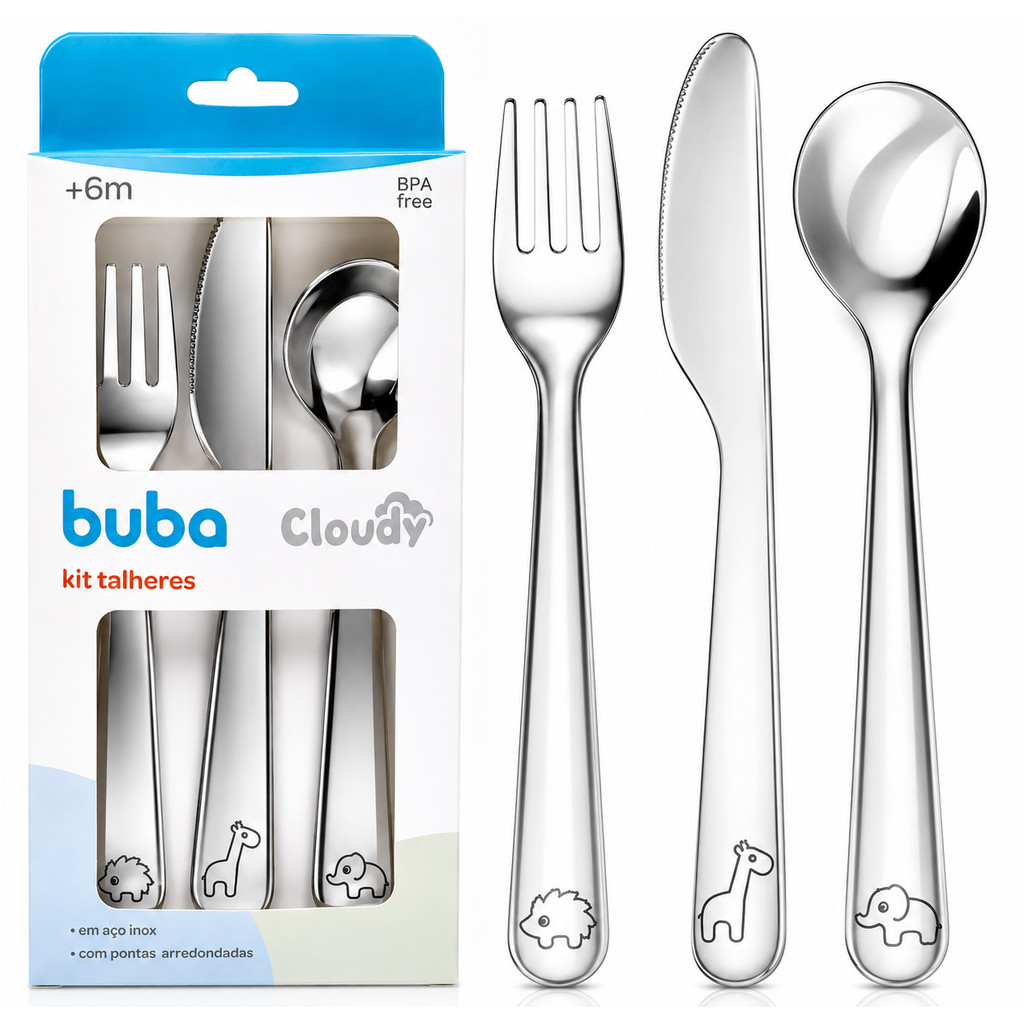 Kit Talheres Buba Cloudy Garfo + Colher + Faca Infantil Alimentação Refeição Bebê Lanche