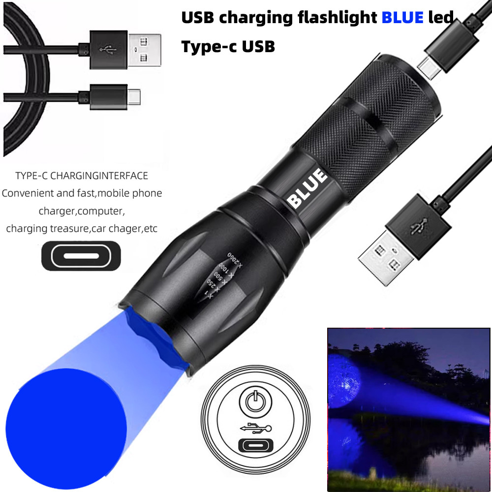 Luz azul E17 lanterna liga de alumínio recarregável tipo-c Super brilhante lanterna de pesca noite pesca luz azul lanter