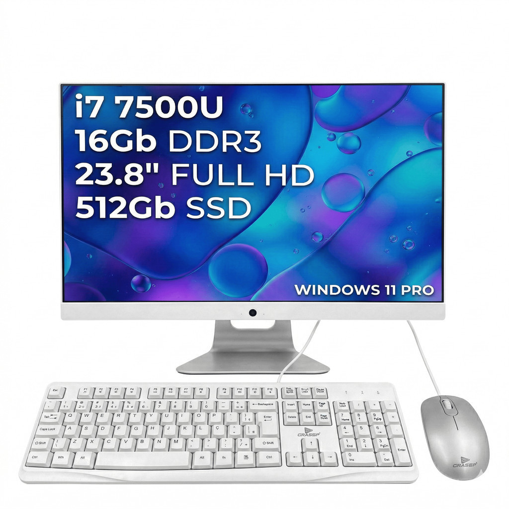 All In One Computador Intel Core I7-7500U SSD 512GB 16GB RAM Tela 23.8" Windows 11 Pro Teclado Mouse WebCam