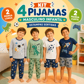 Kit 4 Pijamas Infantis Masculino Manga Longa e Curta Sortidos Menino Bebê Verão Inverno Calor Frio Roupa de Dormir