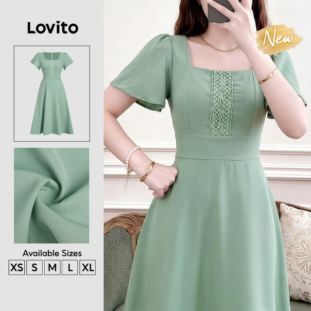 (New Arrival) Lovito Vestido Elegante com Babado Exagerado com Zíper Vestido Verde de Primavera/verão para mulheres DRB201P1D702