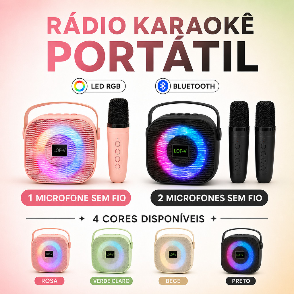 Caixa de Som Karaokê Bluetooth LED RGB com 1 ou 2 Microfones Sem Fio Recarregável Portátil para Casa