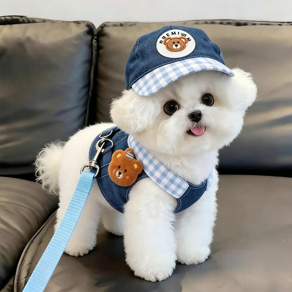 Roupas para cães Denim Peito Voltar Terno Bonito Chapéu de Sol Gatos Cães Passeio Dedicado Tração para Animais de Estima