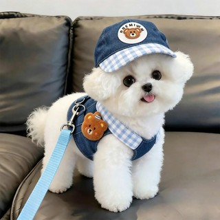 Roupas para cães Denim Peito Voltar Terno Bonito Chapéu de Sol Gatos Cães Passeio Dedicado Tração para Animais de Estima