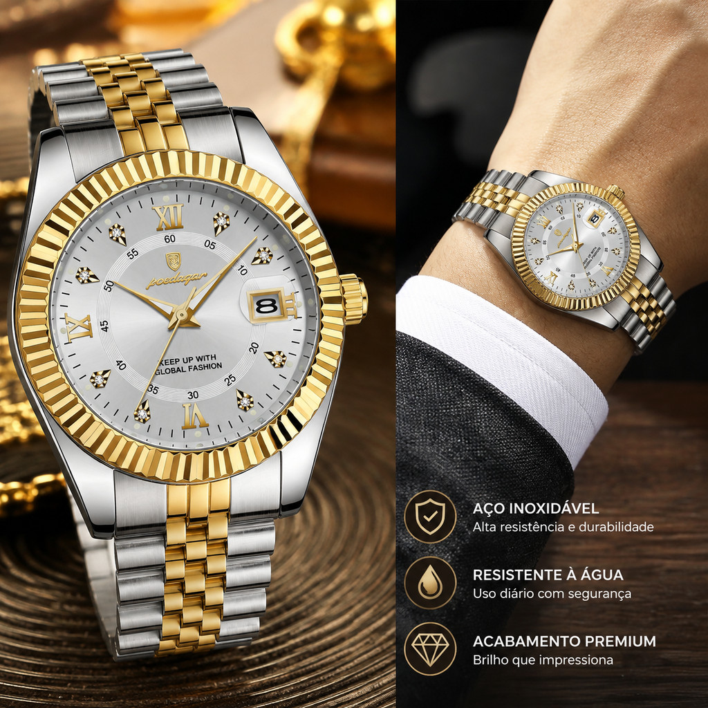 Relógio de Pulso POEDAGAR 910 Masculino Bicolor Estilo Executivo Calendário Funcional Excelente Custo‑Benefício para