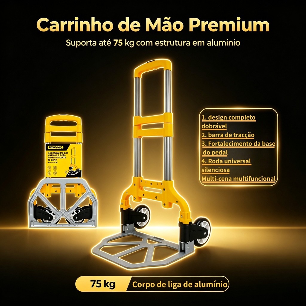 Carrinho de Mão Dobrável Liga de Alumínio Suporta 75kg Alça Telescópica para Mudança Compras e Encomendas