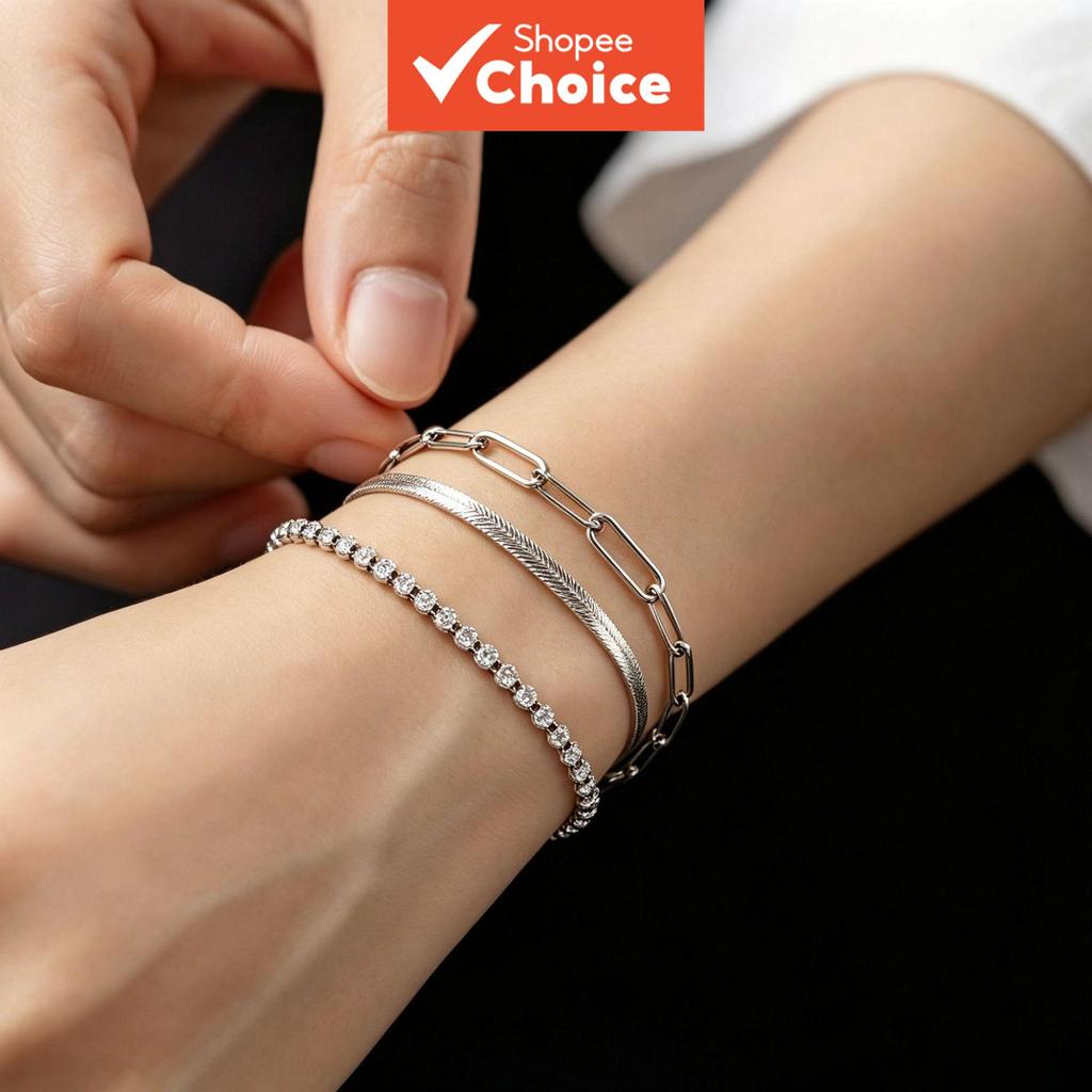 Conjunto de pulseiras de três camadas prateadas, corrente de alfinete, totalmente cravejada de diamantes, estilo tênis,