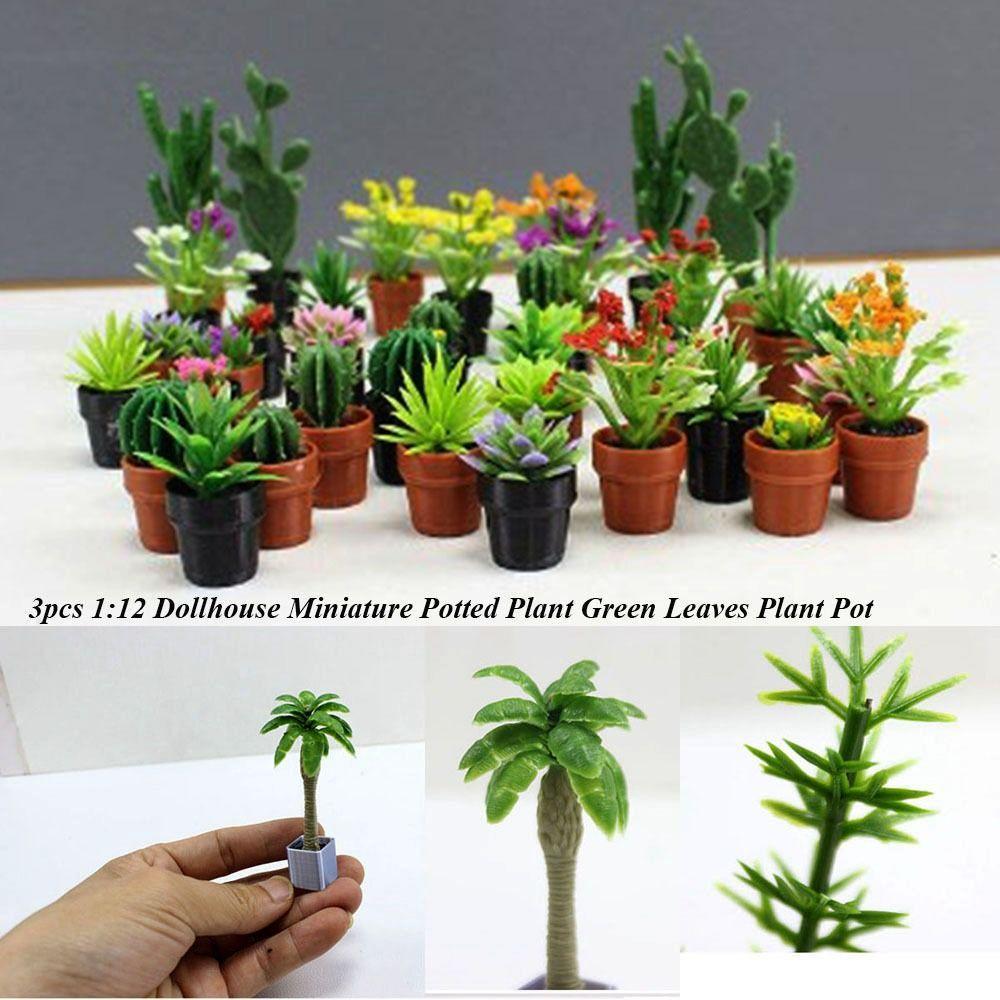 SUBEI 3 Peças De Vaso De Plantas De Folhas Verdes , Mini Planta Em Miniatura Para Casa De Bonecas 1 : 12 , Decoração De