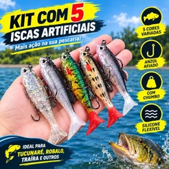 Kit 5 Isca Silicone Artificial Macio Shad Anzol Robalo Tucunaré Traíra Gabarito De Chumbo