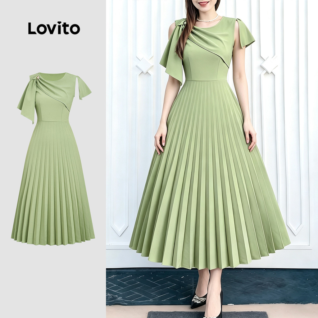 Lovito Vestido Elegante Plissado Assimétrico para O Trajeto Vestido Verde para mulheres DRB199P2D453