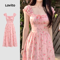 Lovito Vestido Boho com Padrão de Cadarço Pregas Primavera/verão Feminino Bordado DRB198P1D474