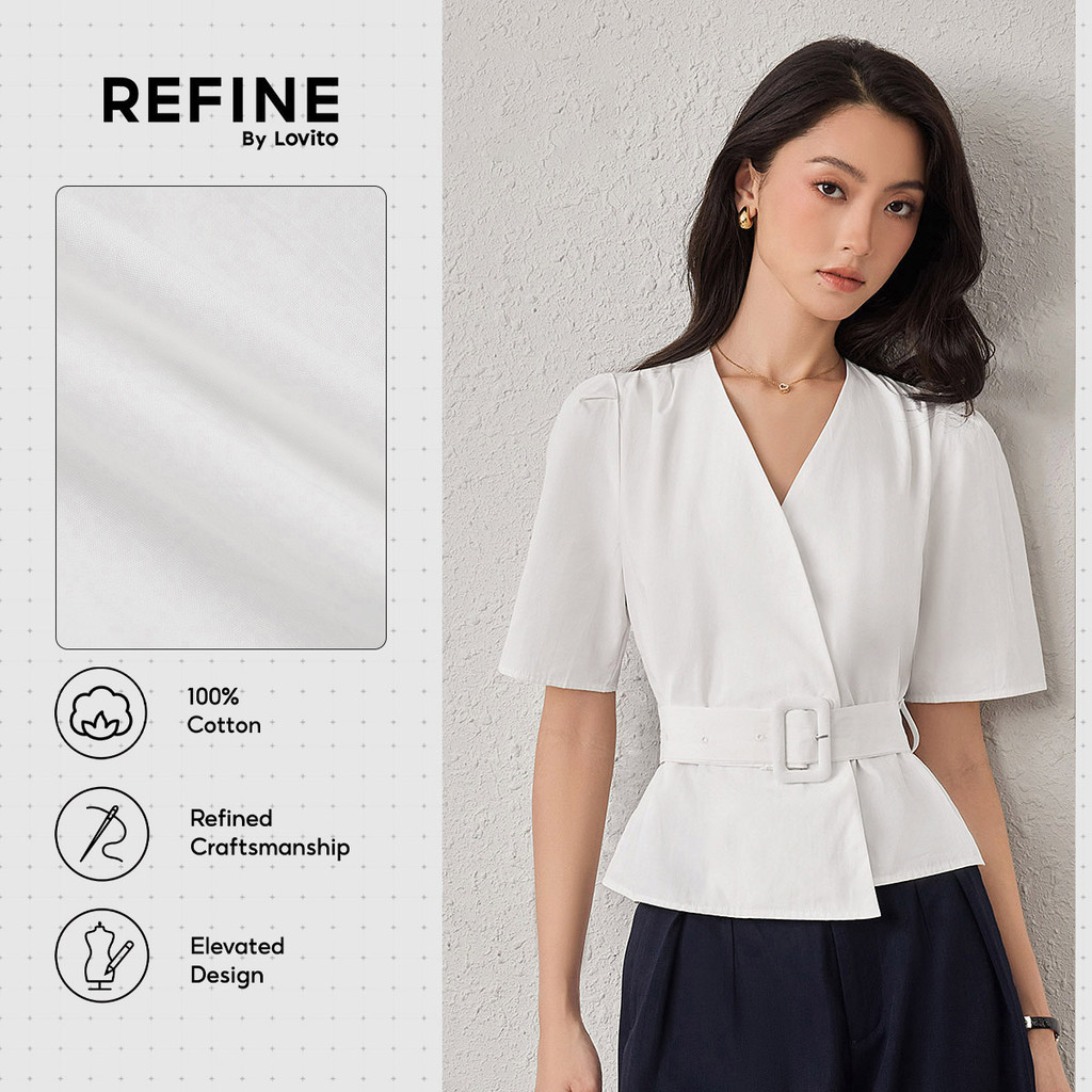 (Refine by Lovito) Blusa Social Algodão Com Cinto Confortável Estilosa Branca Bordado BLR42P1D044