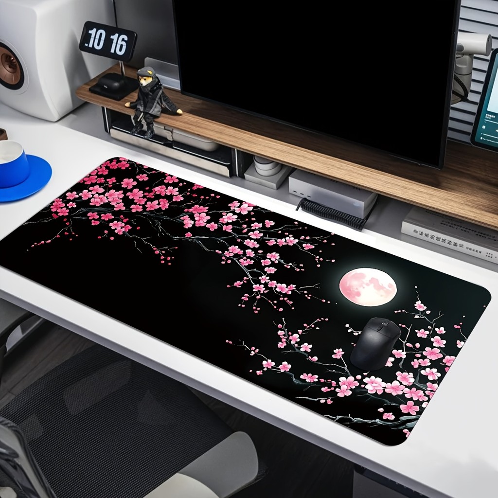 Mouse Pad Gamer Extra Grande Flor de Cerejeira e Lua, Tapete de Mesa Antiderrapante Borda Costurada para PC Escritório