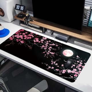 Mouse Pad Gamer Extra Grande Flor de Cerejeira e Lua, Tapete de Mesa Antiderrapante Borda Costurada para PC Escritório