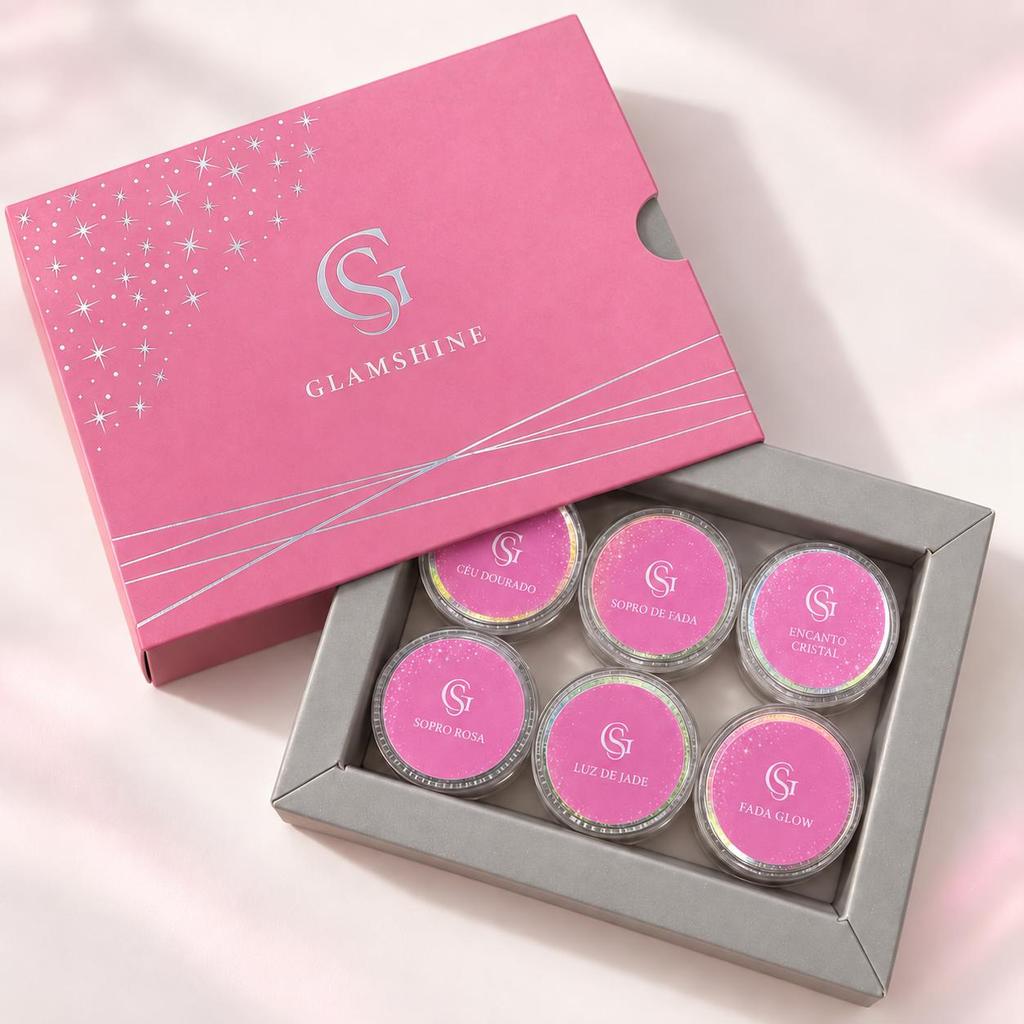 Kit 6 Cores Pigmento Pó Cromado Aurora Glamshine para Unhas em Gel Efeito Iridescente Nail Art