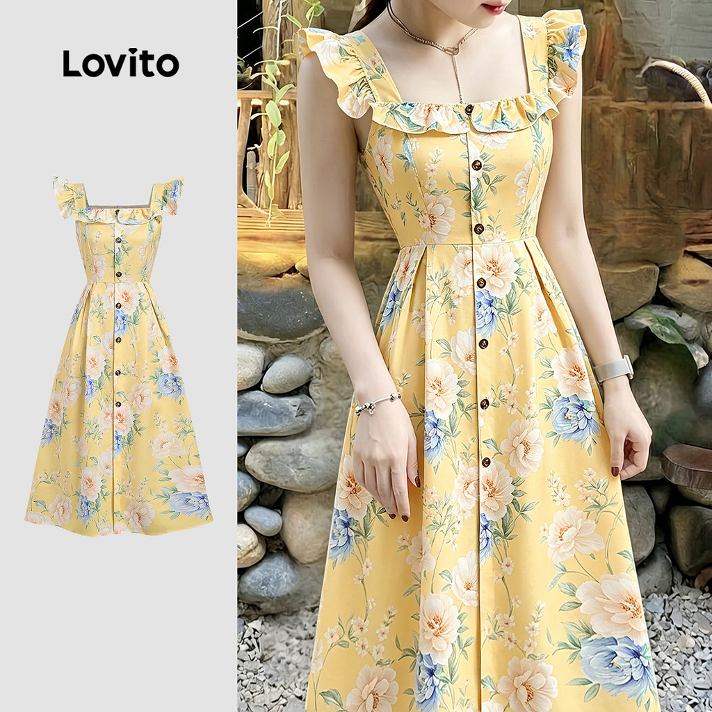 Lovito Vestido Casual Amarelo com Babados Botão e Zíper para Mulheres – primavera/verão DRBR37BR065