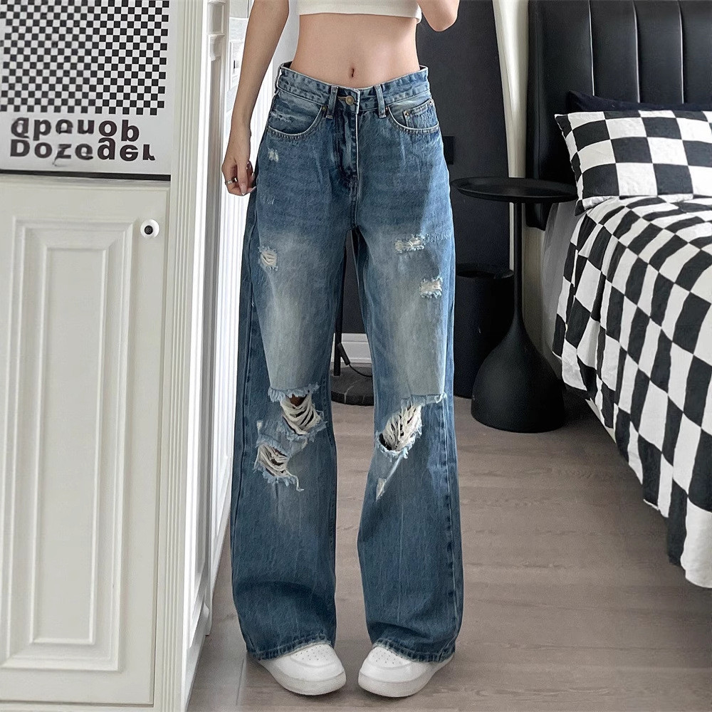 American baggy único rasgado Jeans verão em linha reta solto mais magro olhar High street Wear calças femininas