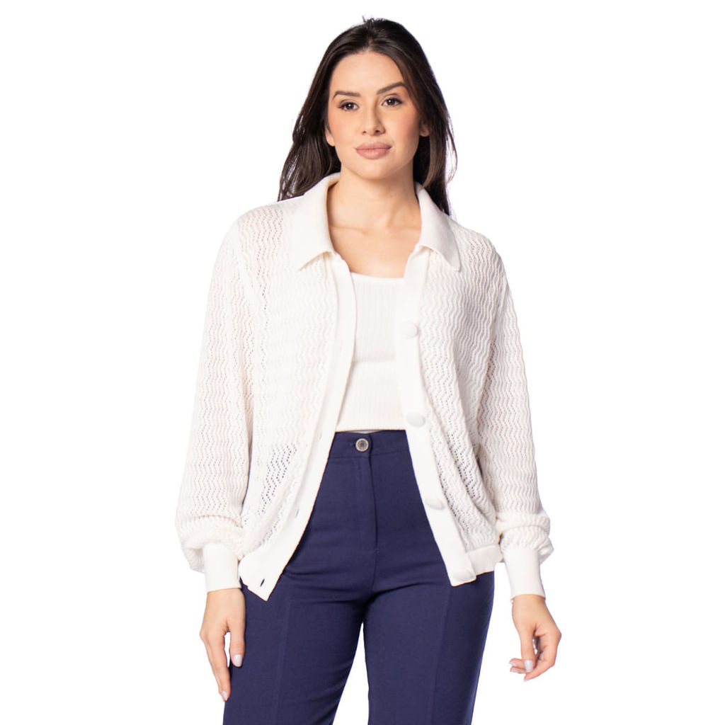 Casaco Feminino Biamar Tricô Zigue-Zague Branco