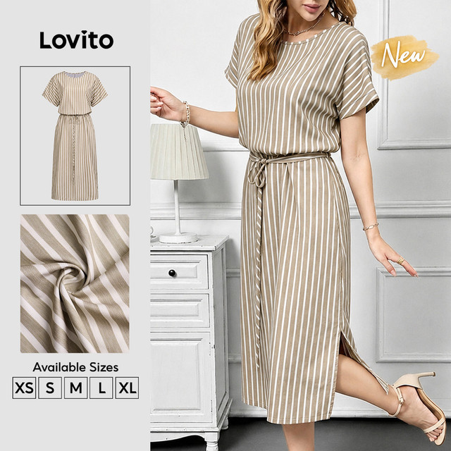 (New Arrival) Lovito Vestido Elegante Com Abertura E Caimento Em Linhas Para Primavera/verão Khaki Para Mulheres DRK9P2D714