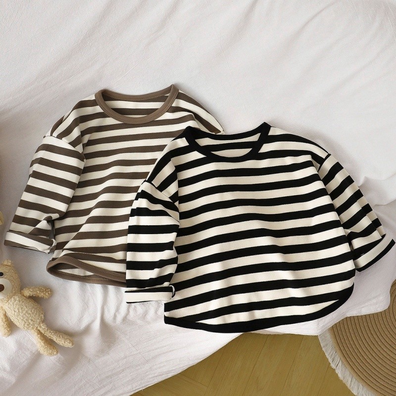 Camiseta Listrada Estilo Coreano Criança Primavera E Outono Usar Camisa De Fundo Bebê Meninos Meninas Manga Longa Moda M