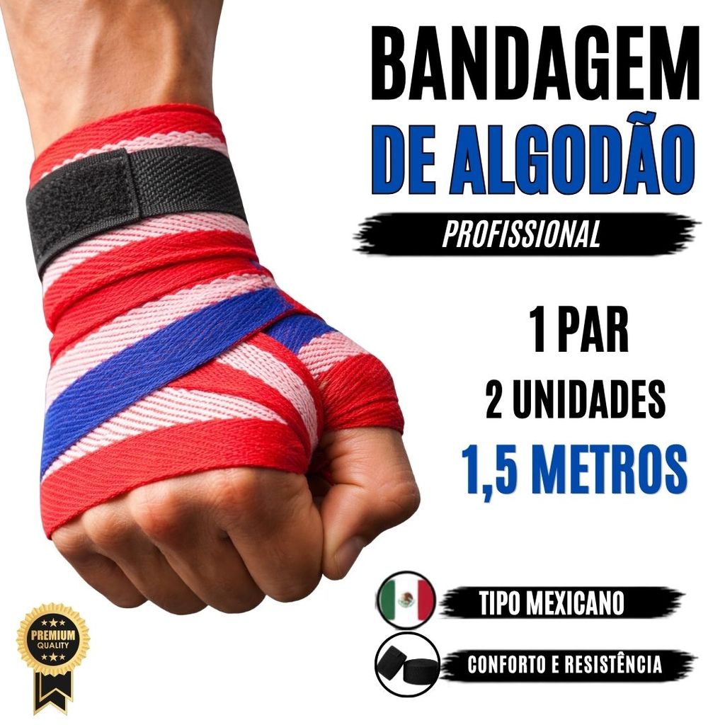Atadura Bandagem de Luta Boxe Muay Thai 1,5 Metros Algodão Reforçada com Velcro Proteção para Punho