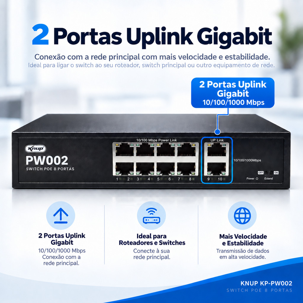 Switch PoE 8 Portas 10/100Mbps 2 Uplink Gigabit para CFTV Câmeras IP Até 120W Alcance 150m RJ45 Knup KP-PW002