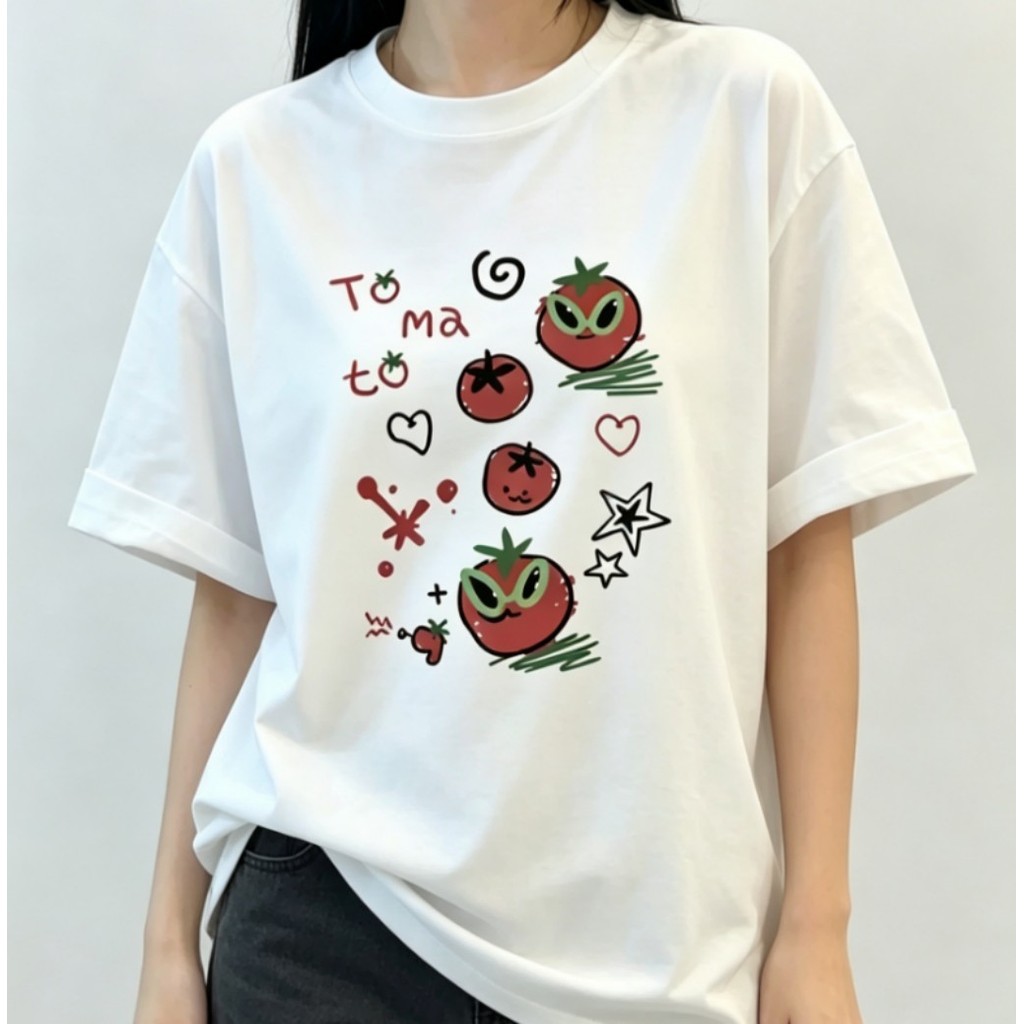 Camiseta Feminina Manga Curta Algodão Oversized Confortável Borda Redonda Estampa Divertido Tomate Cartoon Doodle