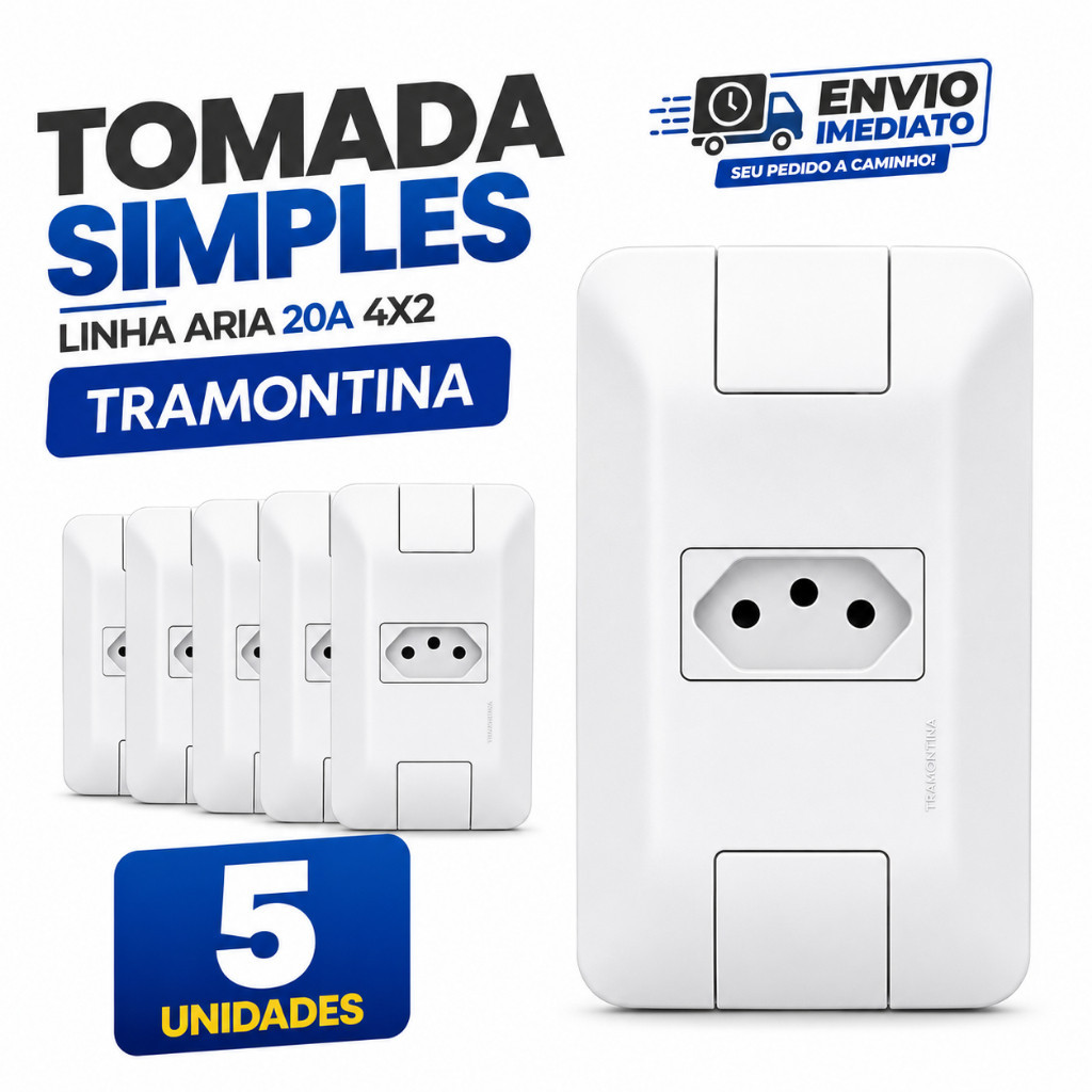 Kit 5 Conjunto Tomada Simples 20A Pino Grosso Tramontina Linha Aria