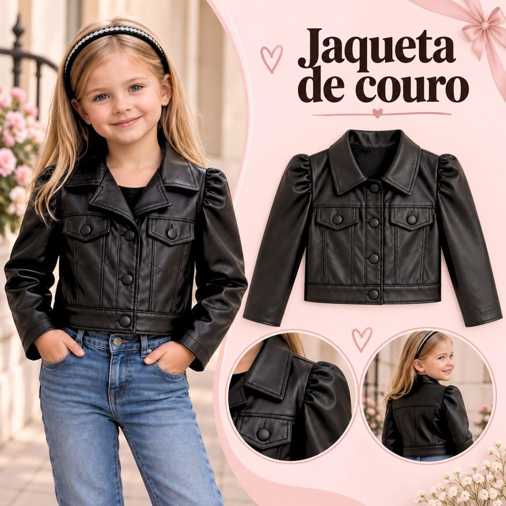 Jaqueta Infantil Feminina Couro ecologico Preta Estilo Blogueirinha Menina 2 a 10 anos