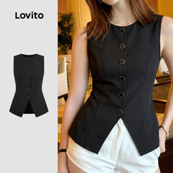 Lovito Elegante Blusa com Botão de Topo para Commute Top Preto de Primavera/verão para Mulheres TKK8TD282