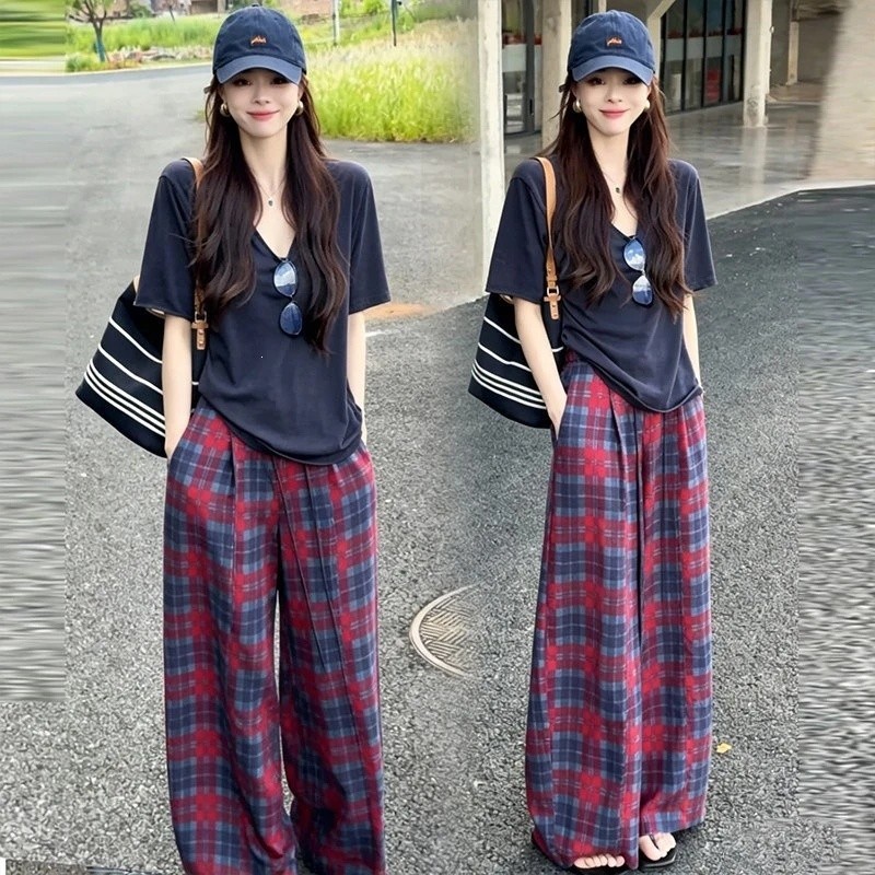Calças de perna larga de duas peças moda preguiçoso xadrez ano de manga curta feminino topo solto terno Casual novo esti