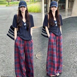 Calças de perna larga de duas peças moda preguiçoso xadrez ano de manga curta feminino topo solto terno Casual novo esti