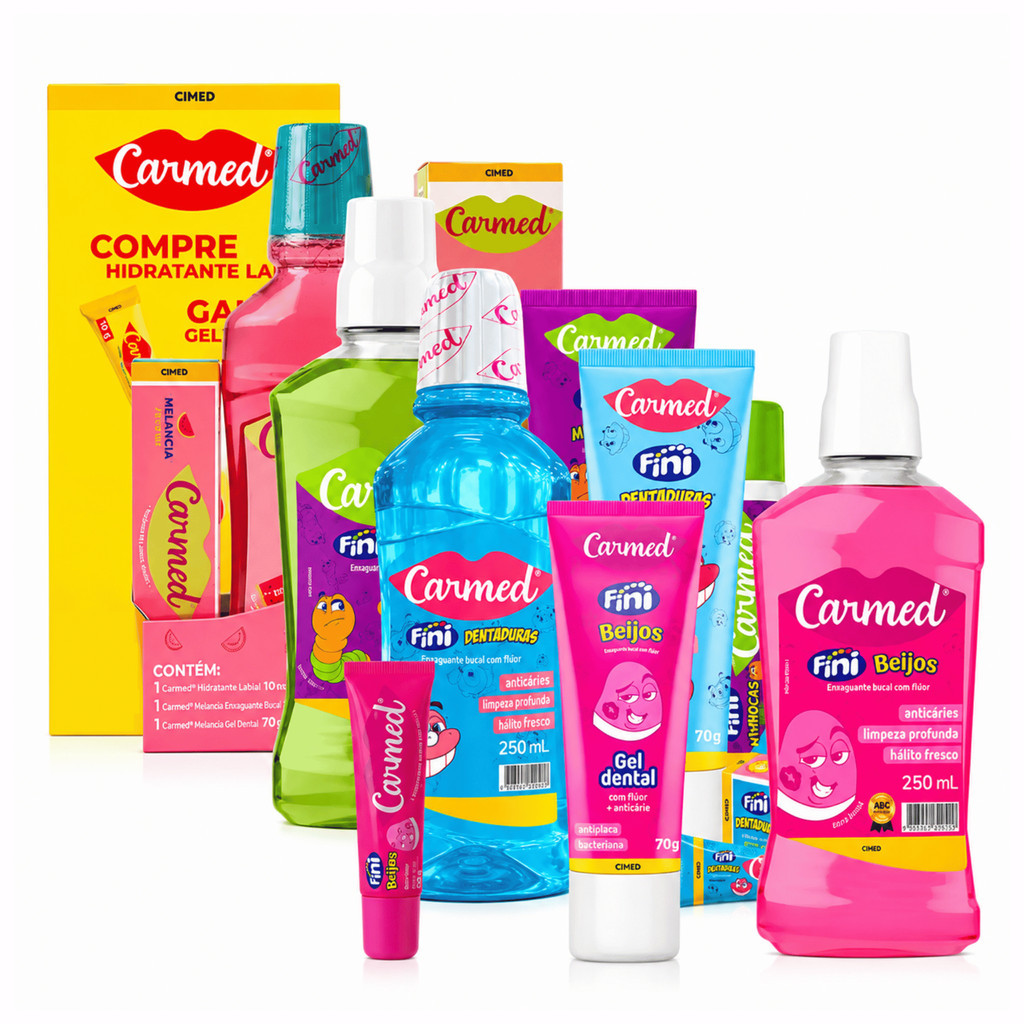 Kit Carmed Escolar Enxaguante + Gel Dental + Hidratante Proteção Bucal Cimed Em 250ml 10g 70g