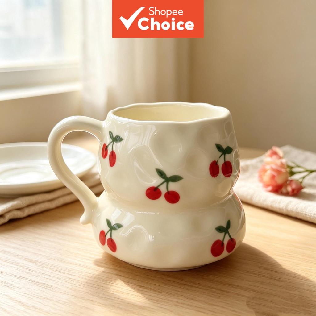 Caneca De Café De Cabaça De Cerâmica Artesanal , Xícara De Chá Texturizada Floral Cereja Coração Impressão , Utensílios