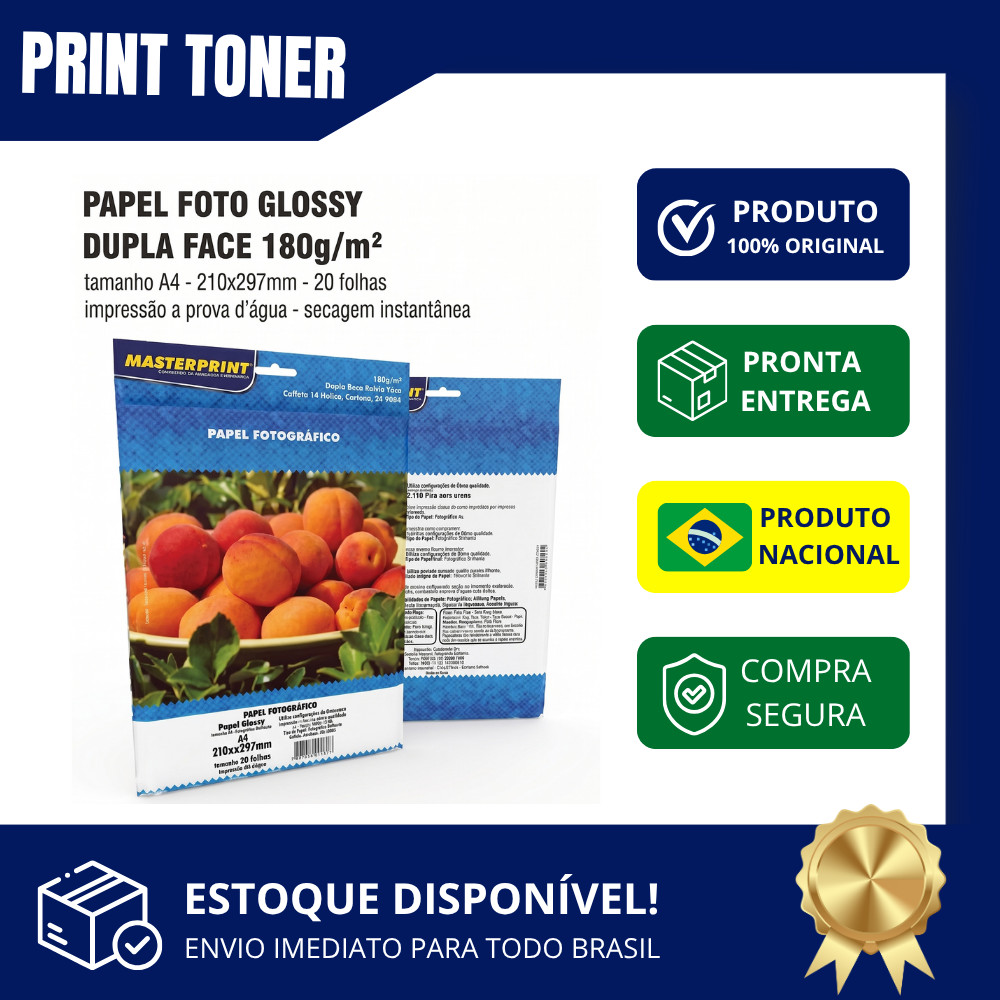 Papel Fotográfico Glossy Dupla Face A4 20 folhas Resistente a Água 180g/m²