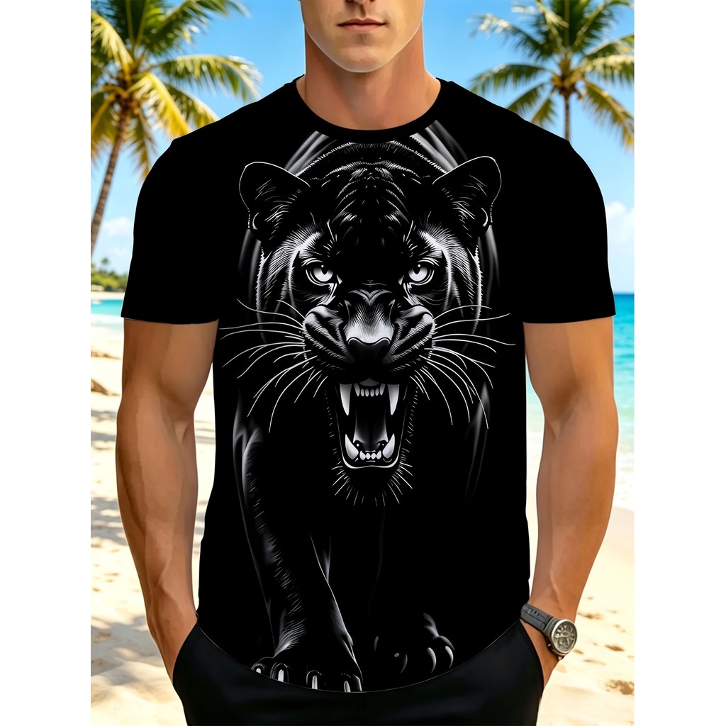 Camiseta masculina com estampa Digital Camiseta masculina com estampa de leopardo preto - Top de manga curta com estampa