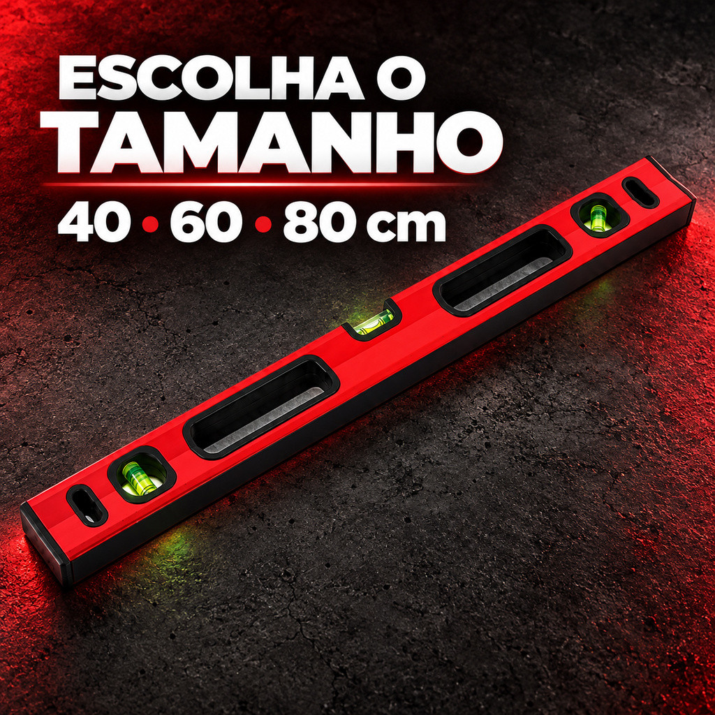 Nível de Bolha Vermelho em Alumínio para Marcenaria Pisos e Instalações 40 60 80 cm