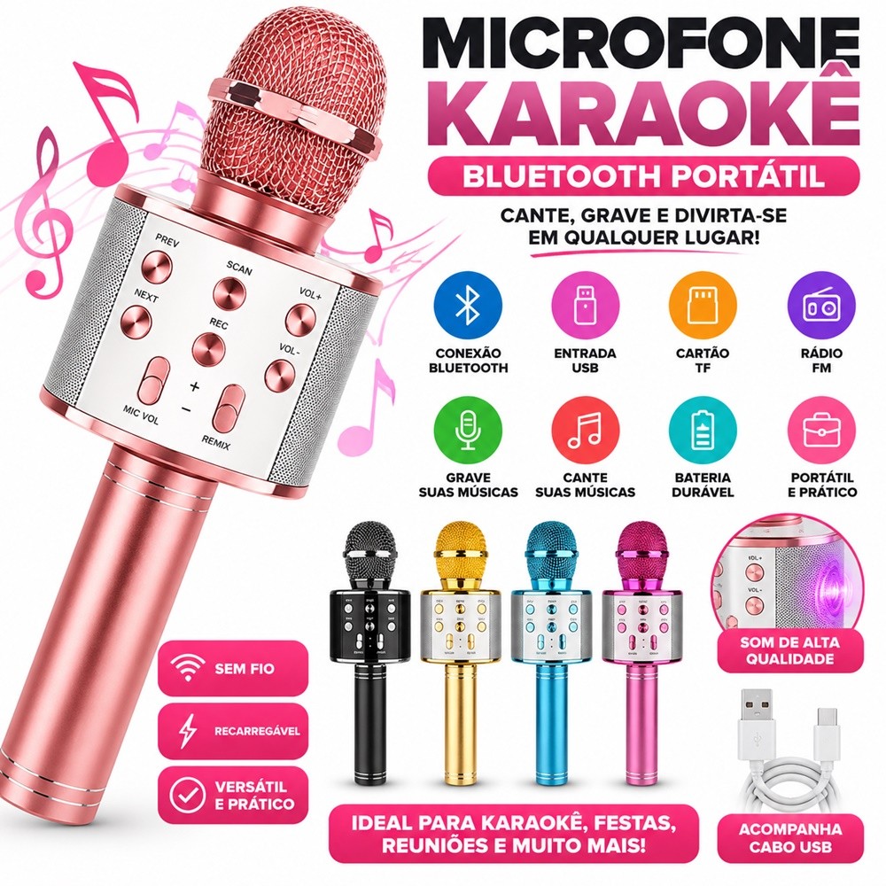 Microfone Bluetooth recarregável crianças karaokê efeito mágico de mudança de voz -ATLAS