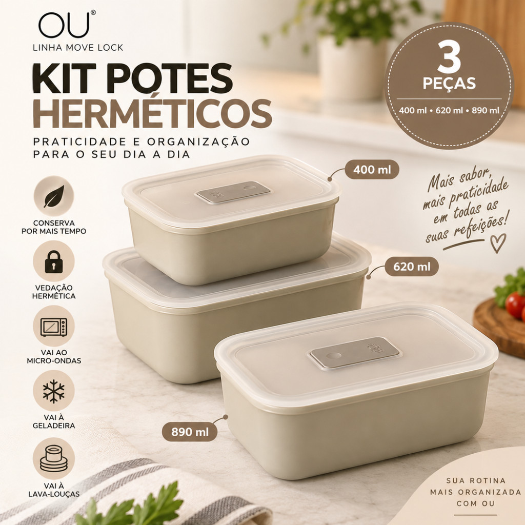 Kit 3 Potes Herméticos Para Marmita Linha Move Lock OU – 400ml, 620ml e 890ml | Antivazamento
