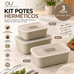 Kit 3 Potes Herméticos Para Marmita Linha Move Lock OU – 400ml, 620ml e 890ml | Antivazamento