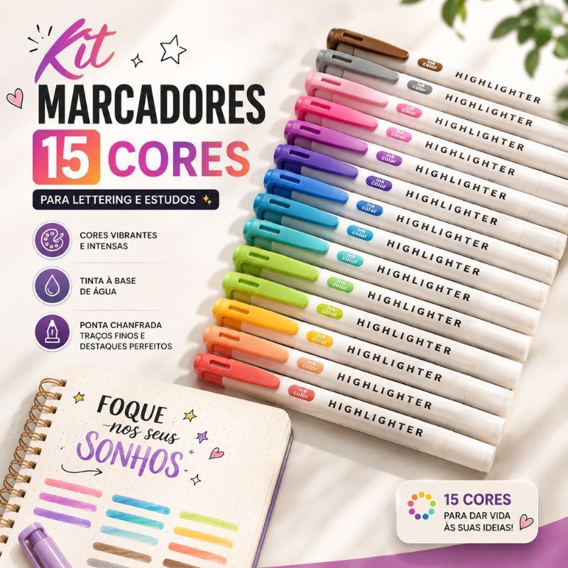 Canetas Marcadores 15 Cores Pastel Ponta Dupla 1,2mm 3,8mm