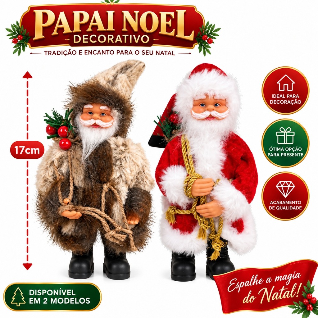 Papai Noel Decorativo 17cm Realista Super Luxo para Decoração Natal