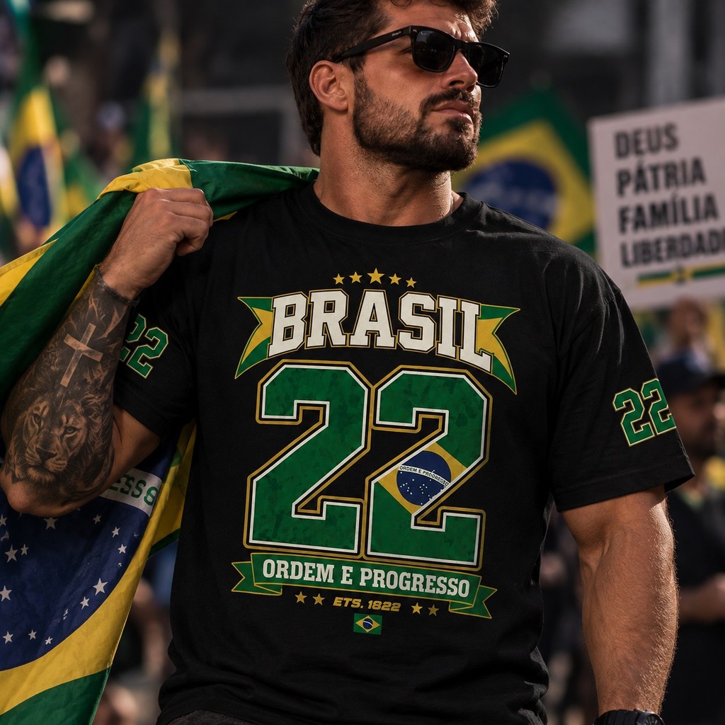 Camiseta Masculina Brasil 22 Ordem e Progresso Streetwear Casual Nacional Camisa