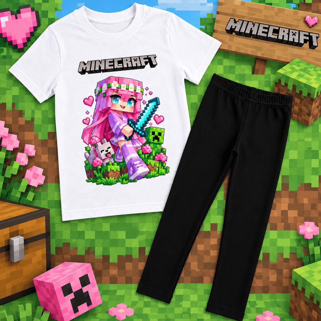 Conjunto Menina Minecraft Infantil Camiseta Algodão e Legging Preta Roupa Gamer Estampada Confortável