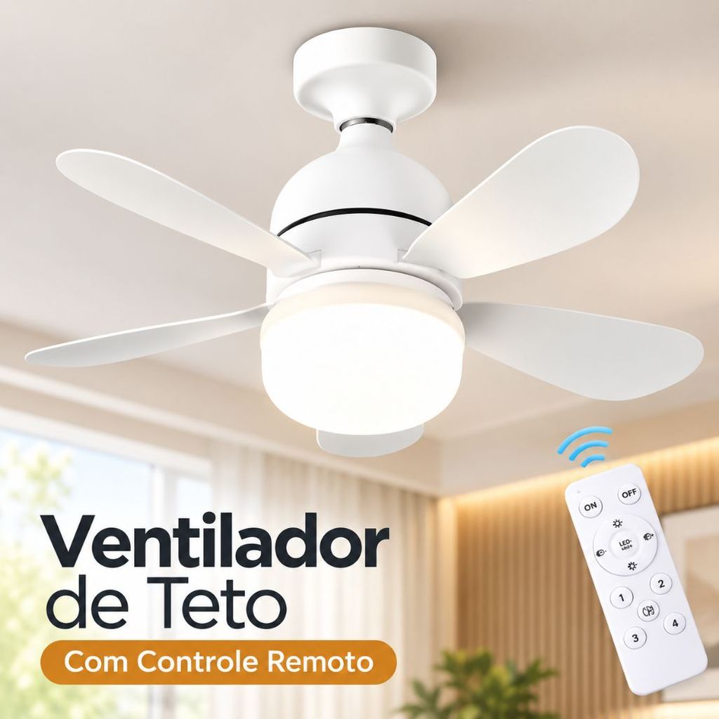 Ventilador De Teto com Controle Remoto Circulador de AR Lâmpada de LED Regulável 3 cores E27 Silencio Inteligente