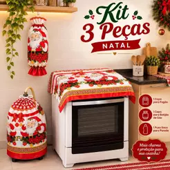 Kit Cozinha Natal 2 Peças + Puxa Saco Incluso Decorativo Capa Fogão e Botijão Casa Cozinha Ceia