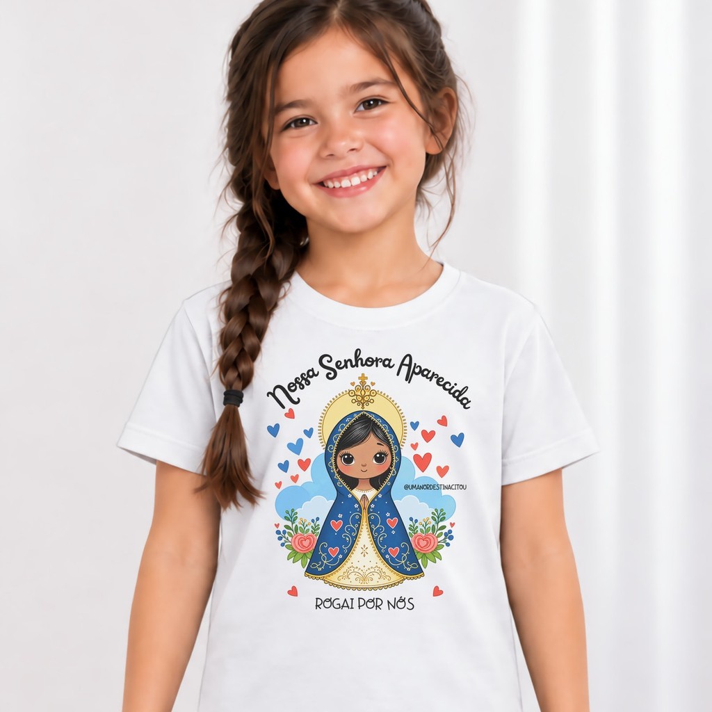 Camiseta Infantil Menina Nossa Senhora Aparecida Estampada Católica Religiosa Virgem Maria 100% Algodão Igreja