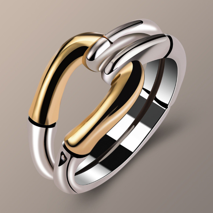 Anéis de casal mais vendidos, unissex, design moderno, formato de bambu, design criativo, banhados a ouro em duas cores,