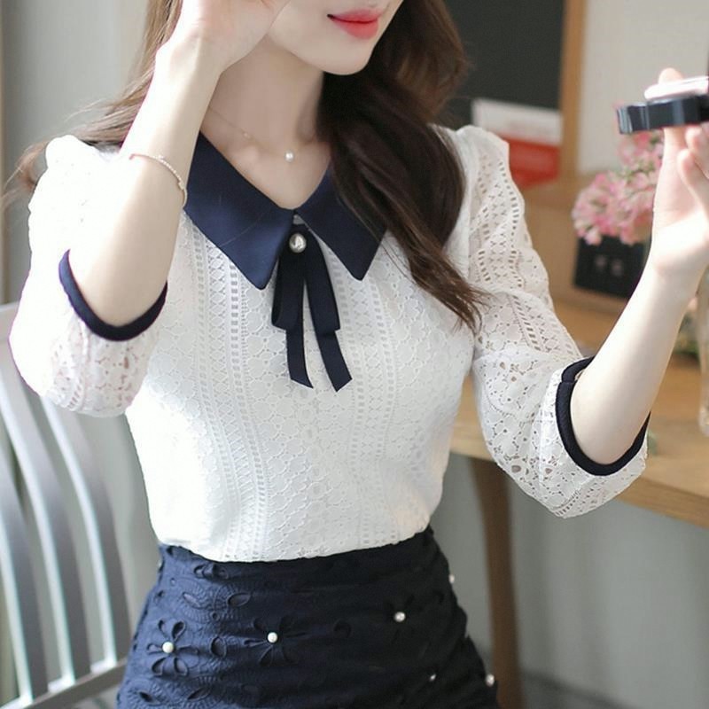 Camisa de fundo de renda com gola de boneca fina fina feminina de manga comprida primavera verão camisa pequena versão c
