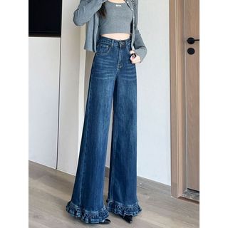 Vintage ruffled straight-leg pants for tall women, summer high-waisted loose-fitting wide-leg jeans with a slight flare 